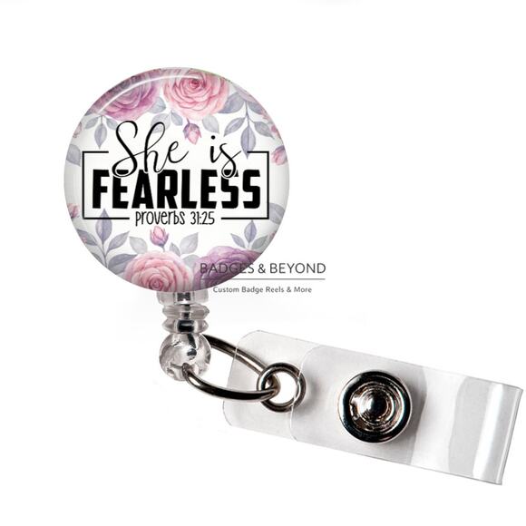 Handmade Accessories - ✝️✨ She Is Fearless Proverbs 31:25 Badge Reel | Christian Retractable ID Holder